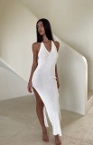 Knitted dress with straps and backless long skirt