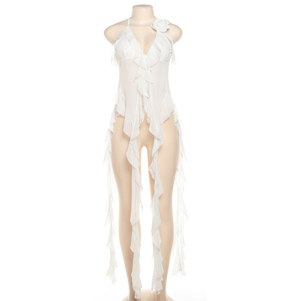 Hanging neck, exposed back, tied straps, mesh vest