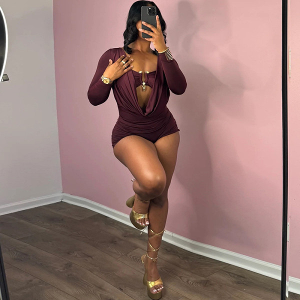 Deep V-low cut solid color jumpsuit