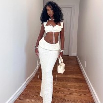 Hollow out square collar tied top and long skirt set Hollow out square collar tied top and long skirt set