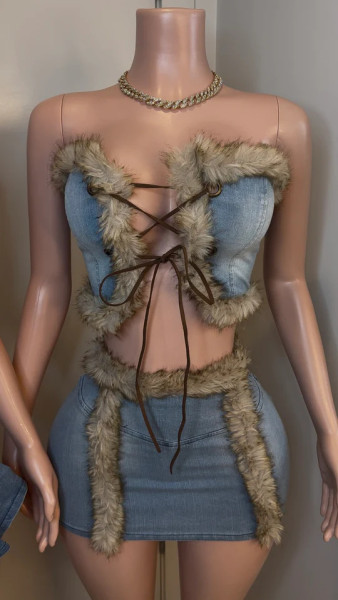 Cowboy two-piece plush strapless, hip hugging short skirt set