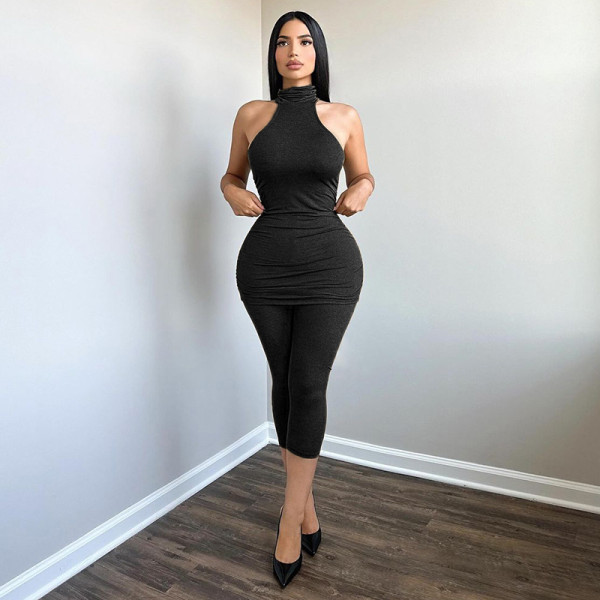 High neck sleeveless vest top, high waist tight five quarter pants set