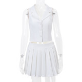 V-neck vest pleated skirt set