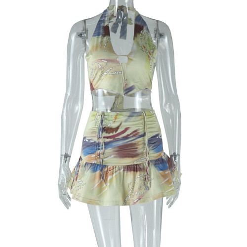 Printed skirt hanging neck top half skirt set