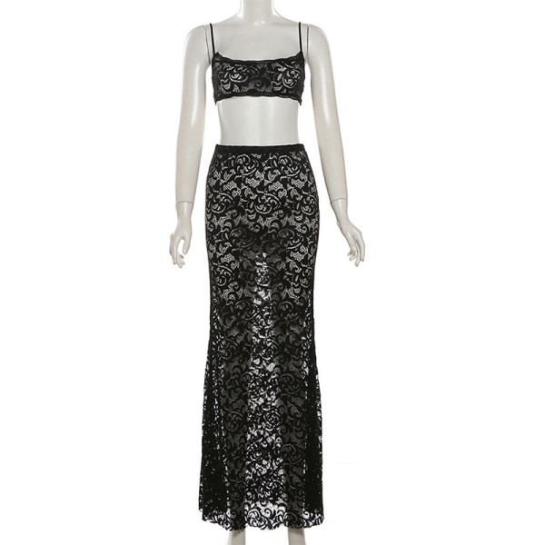 Hollow out camisole top high waisted skirt set