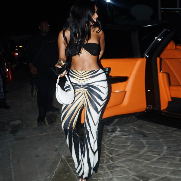Printed crop top pants set, chest wrapped top, black and white pants two-piece set