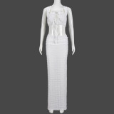 Hollow out square collar tied top and long skirt set