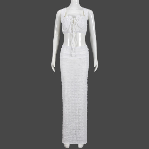 Hollow out square collar tied top and long skirt set