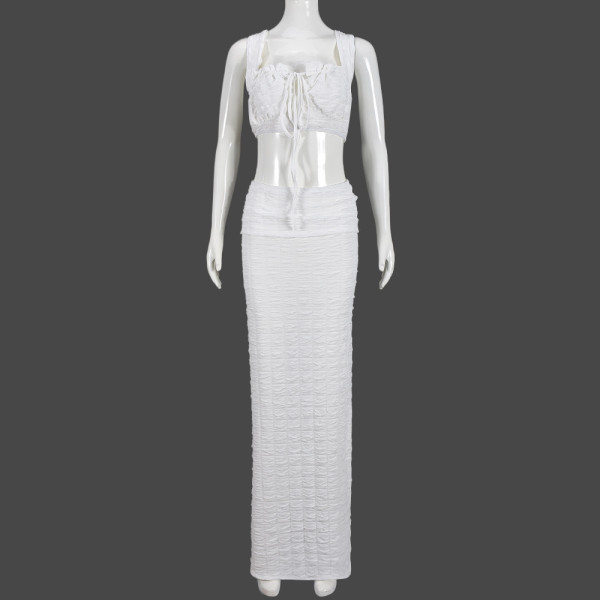 Hollow out square collar tied top and long skirt set