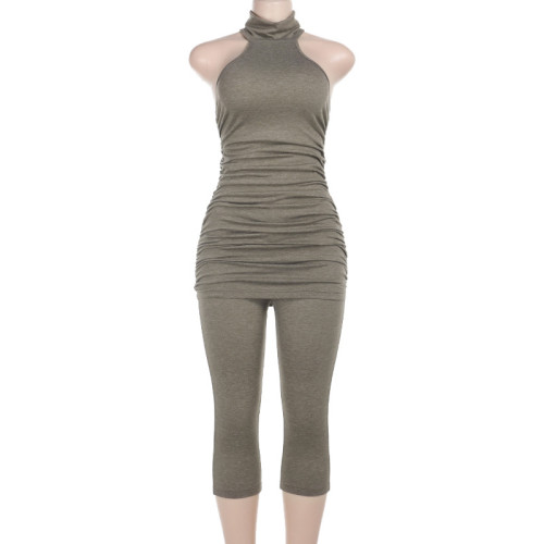 High neck sleeveless vest top, high waist tight five quarter pants set