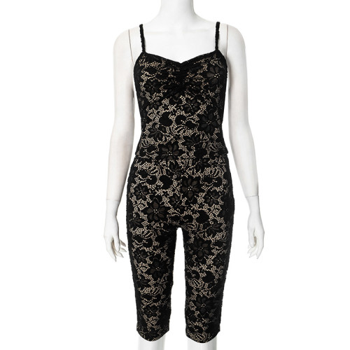 Lace see through camisole top, hip lifting pants two-piece set