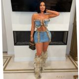 Cowboy two-piece plush strapless, hip hugging short skirt set