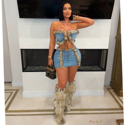 Cowboy two-piece plush strapless, hip hugging short skirt set