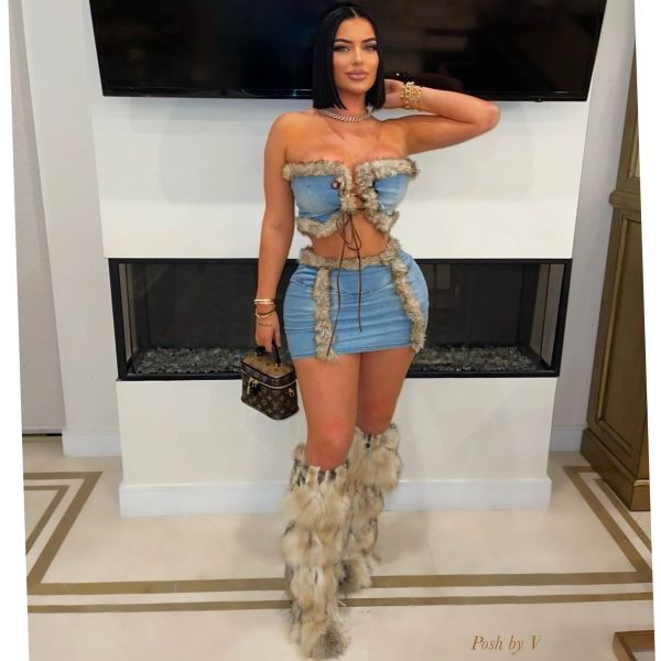 Cowboy two-piece plush strapless, hip hugging short skirt set