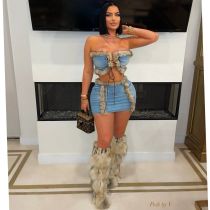 Cowboy two-piece plush strapless, hip hugging short skirt set Cowboy two-piece plush strapless, hip hugging short skirt set