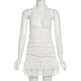 Hanging neck lace patchwork bag hip exposed back dress