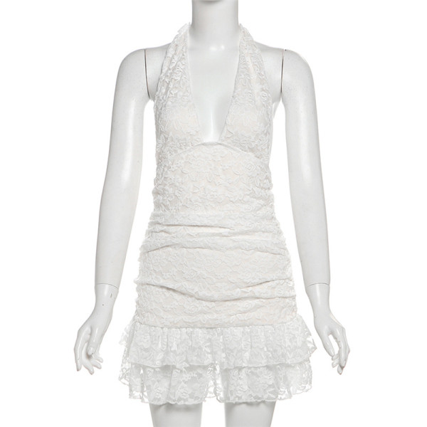 Hanging neck lace patchwork bag hip exposed back dress