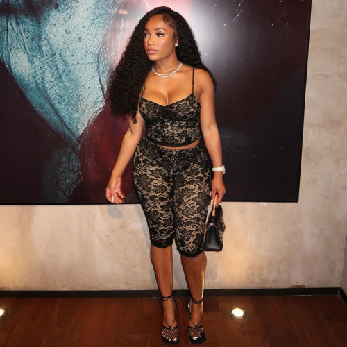 Lace see through camisole top, hip lifting pants two-piece set