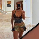 Backless small strapless high waisted printed skirt set