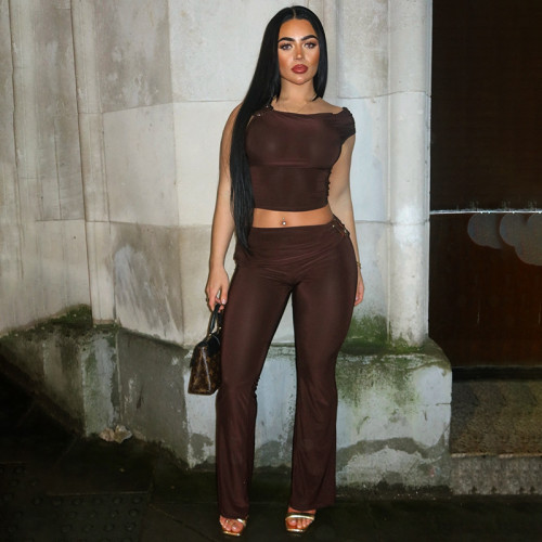 Hooded vest button exposed navel high waist pleated micro horn set