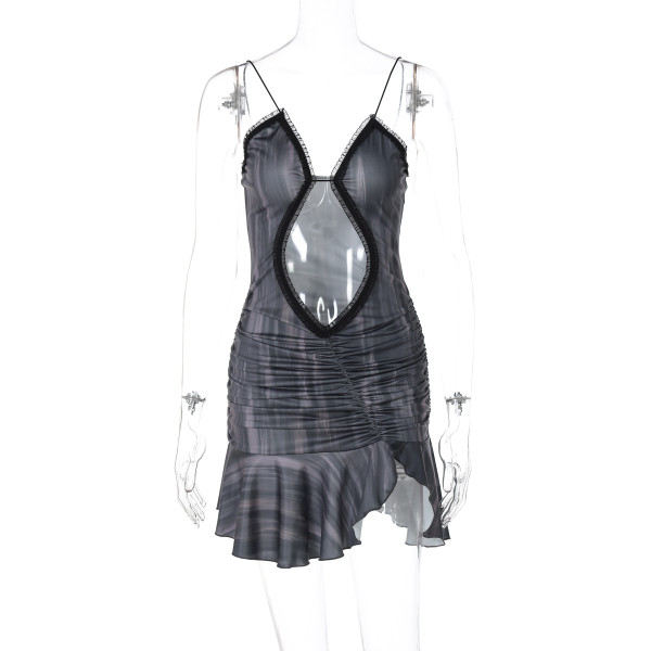 Folded lace hollow out sleeveless camisole dress
