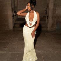 Backless hanging neck top, hip hugging skirt set Backless hanging neck top, hip hugging skirt set