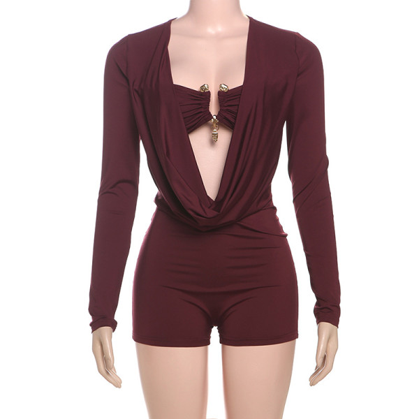 Deep V-low cut solid color jumpsuit
