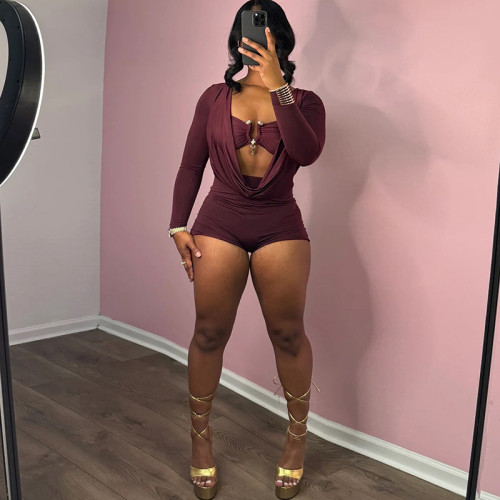 Deep V-low cut solid color jumpsuit