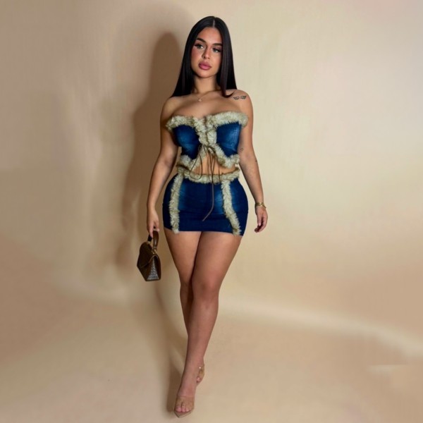 Cowboy two-piece plush strapless, hip hugging short skirt set