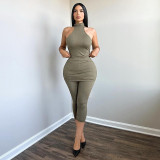 High neck sleeveless vest top, high waist tight five quarter pants set