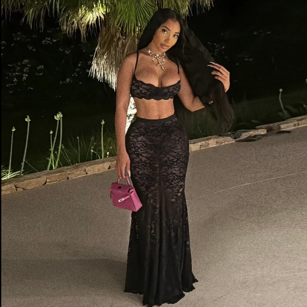 Hollow out camisole top high waisted skirt set
