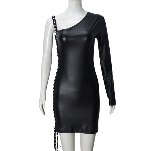 Slant collar woven belt with hollow out straps, single-sided long sleeved dress