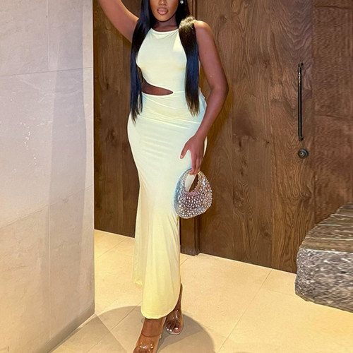 Hollow out one-step skirt round neck long dress