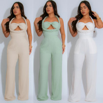 High waisted woven camisole sleeveless loose straight leg jumpsuit