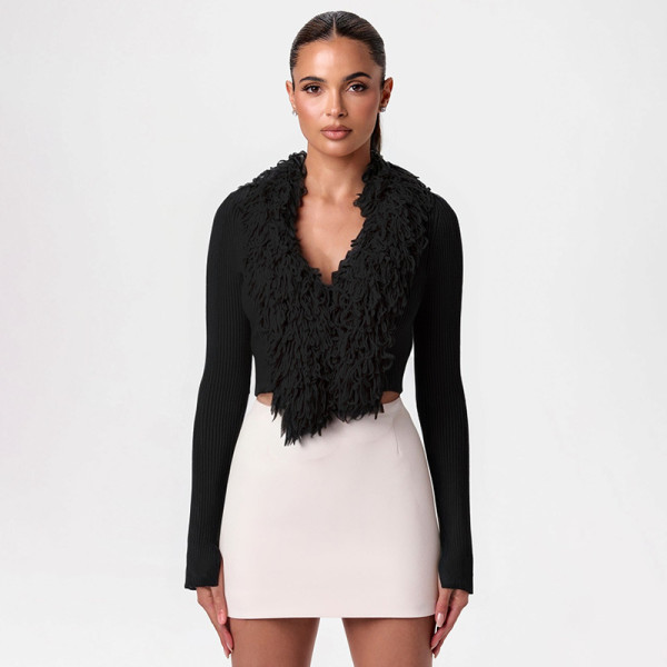 V-neck cardigan, slit long sleeved short sweater
