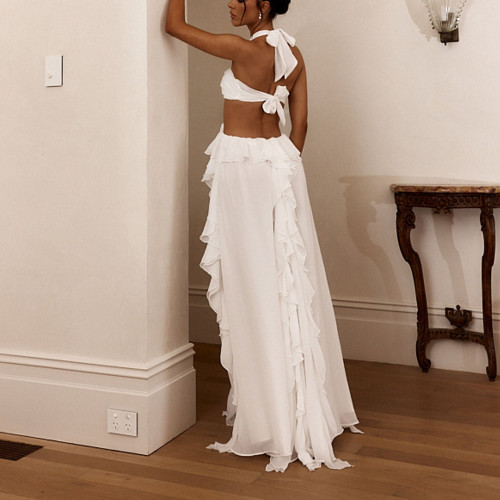 Hanging neck, exposed shoulder, exposed waist, ruffle edge solid color dress