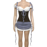 V-neck strap contrasting color wrapped hip knit dress