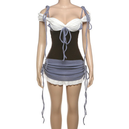 V-neck strap contrasting color wrapped hip knit dress