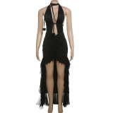 Hollow neck hanging mesh splicing trailing dress dress