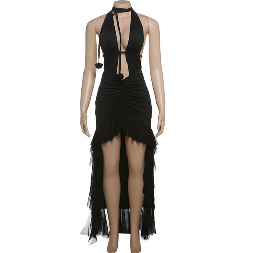 Hollow neck hanging mesh splicing trailing dress dress