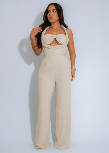 High waisted woven camisole sleeveless loose straight leg jumpsuit