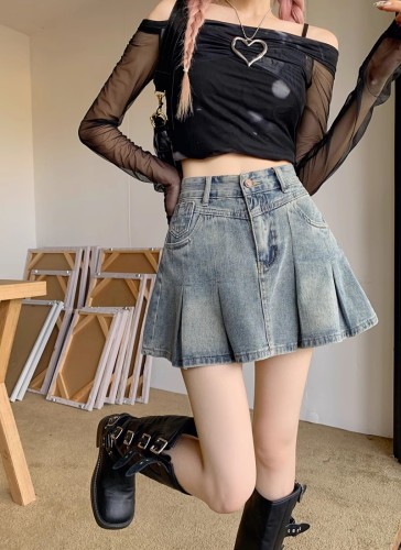High waisted denim pleated A-line skirt