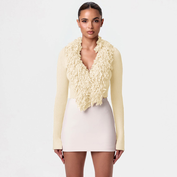 V-neck cardigan, slit long sleeved short sweater