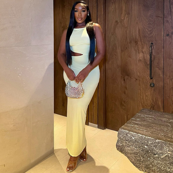 Hollow out one-step skirt round neck long dress