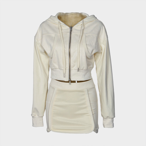 Zipper long sleeved jacket, hip hugging short skirt set