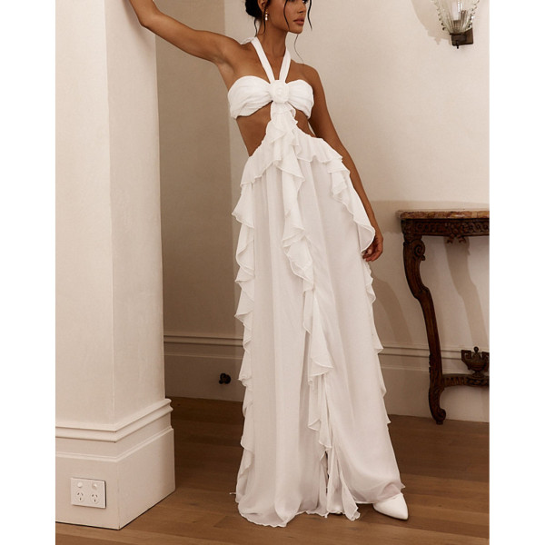 Hanging neck, exposed shoulder, exposed waist, ruffle edge solid color dress