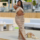 Knitted hollow out backless chest wrapped skirt set