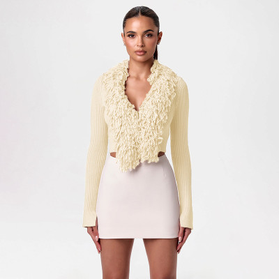 V-neck cardigan, slit long sleeved short sweater