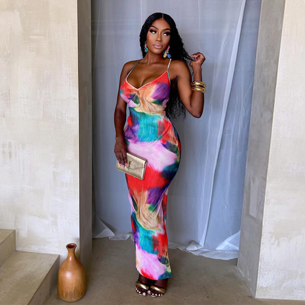 Sleeveless printed suspender high waisted dress