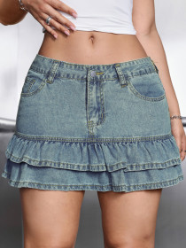 Lace high waisted ruffled denim short skirt